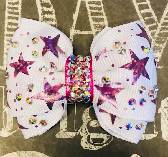 2” Pink Foil Star Mini Bow with Brilliant AB Crystals- Dog Bows - Dog Hair Bows - Bows for Dogs - Bows for Girls - Bling Bows - Small Bows