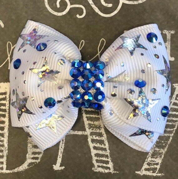 2” Silver Foil Star Mini Bow with Blue Crystals- Dog Bows - Dog Hair Bows - Bows for Dogs - Bows for Girls - Bling Bows - Small Bows - Stars