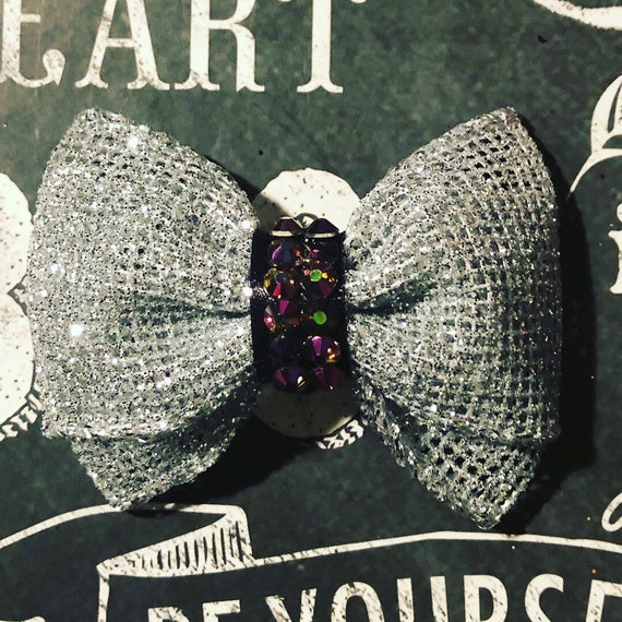 2" Silver Sparkly Mini Bow with Burgandy Crystals - Dog Bows - Bows with Crystals - Bows for Girls - Silver Bows - Bows for Dogs