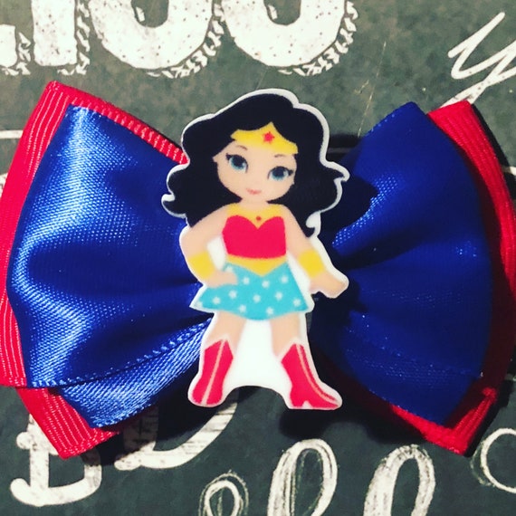 2" Red/Blue Double Layer Wonder Woman Mini Bow- Dog Bows - Bows for Dogs - Holiday Bows - Hair Bows for Dogs - Red Bows - Super Hero Bows