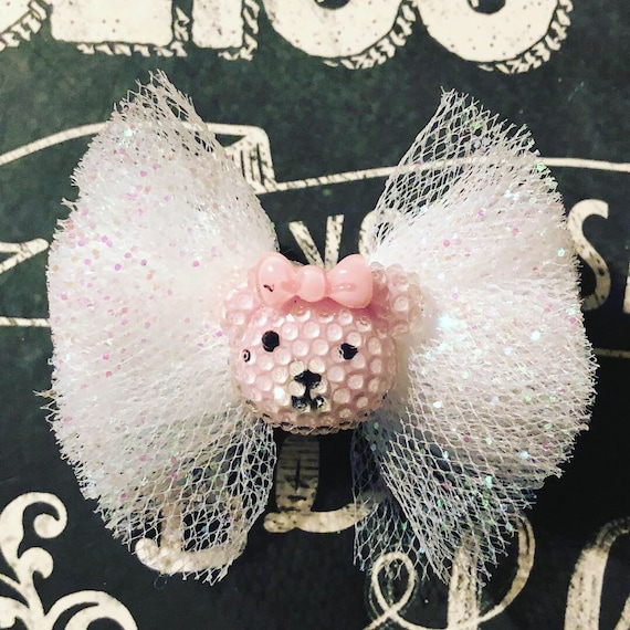 2” Sparkly White Tulle Mini Bow with Bear for Dogs or Girls - Dog Bows - Tulle Bows - Bows for Dogs - Bear Bows