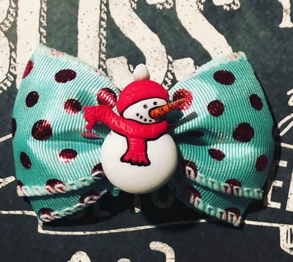 2" Snowman Polka Dot Mini Bow- Dog Bows - Bows for Dogs - Bows with Snowmen - Polka Dot Bows - Christmas Bows