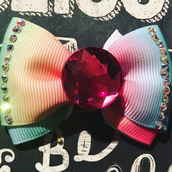 2" Rainbow Sparkle Rainbow Mini Bow - Dog Bows - Bows for Girls - Rainbow Bows - Princess Bows - Bows with Crystals - Hair Bows for Dogs