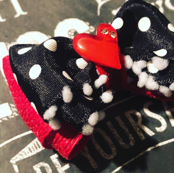 2" Red, Black, and White Heart Mini Bow- Dog Bows - Bows for Dogs - Bows for Small Dogs - Bows for Girls - Polka Dot Bows