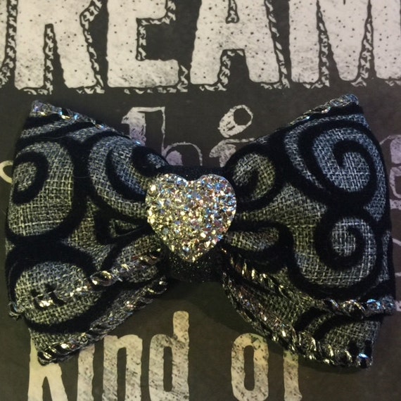 Bows for Dogs and Girls - 2" Mini - Grey Ribbon, Black Velvet Swirls, with Sparkling Silver Heart Center