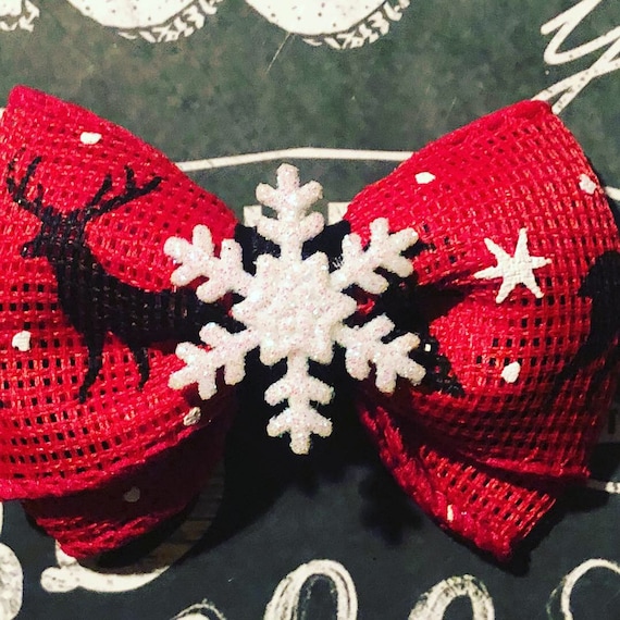 2" Red with White Sparkly Snowflake Mini Bow- Dog Bows - Bows for Dogs - Christmas Bows - Hair Bows for Dogs - Winter Bows - Snowflake Bows