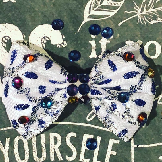 2" Elegant White and Blue Holiday Mini Bow - Dog Bows - Bows - Bows for Dogs- Dog Hair Bows - Mini Bows - Bows for Girls - Holiday Bows