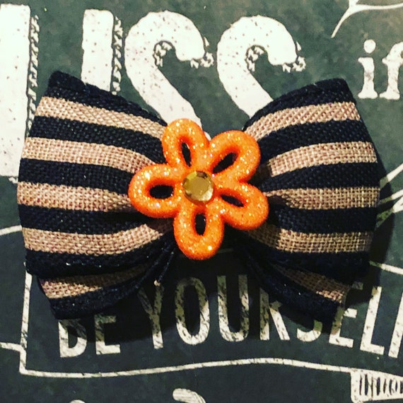 2" Halloween Mini Bow with Sparkly Orange Flower - Dog Bows - Halloween Bows - Bows for Girls - Orange and Black Bows