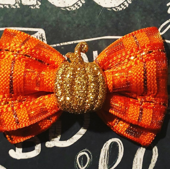 2" Orange Sparkle with Gold Pumpkin Mini Bow- Dog Bows - Fall Bows - Bows for Girls - Orange Bows - Pumpkins - Bows for Dogs - Bows for Fall