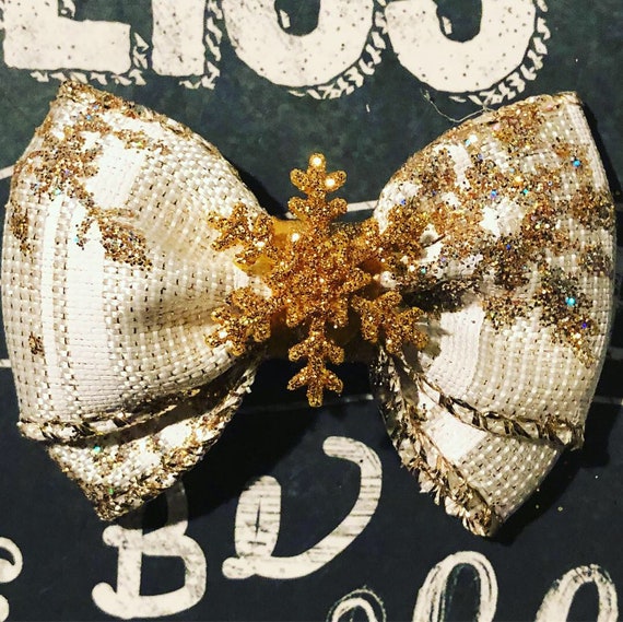 2" Sparkly Gold Snowflake Mini Bow- Dog Bows - Bows for Dogs - Christmas Bows - Hair Bows for Dogs - Winter Bow - Snowflake Bow - Gold Bows