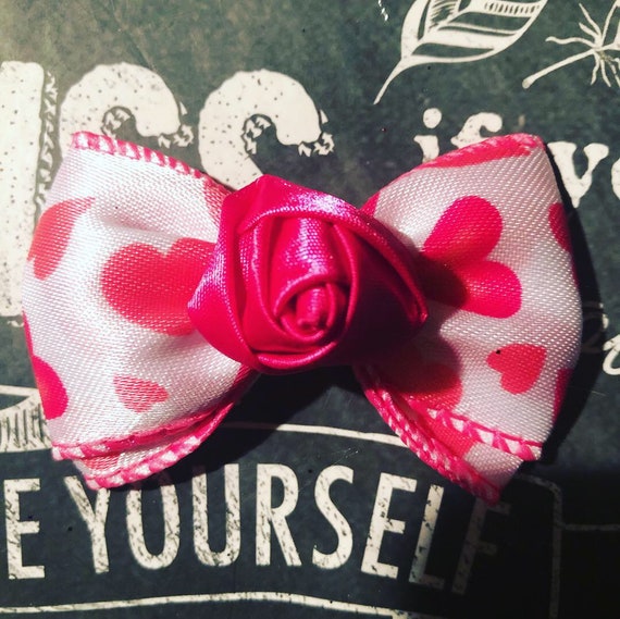 2" Hot Pink Rose Bud Mini Bow - Valentine’s Day - Dog Bows - Bows for Girls - Baby Bows - Bow with Hearts- Valentine Bows for Dogs