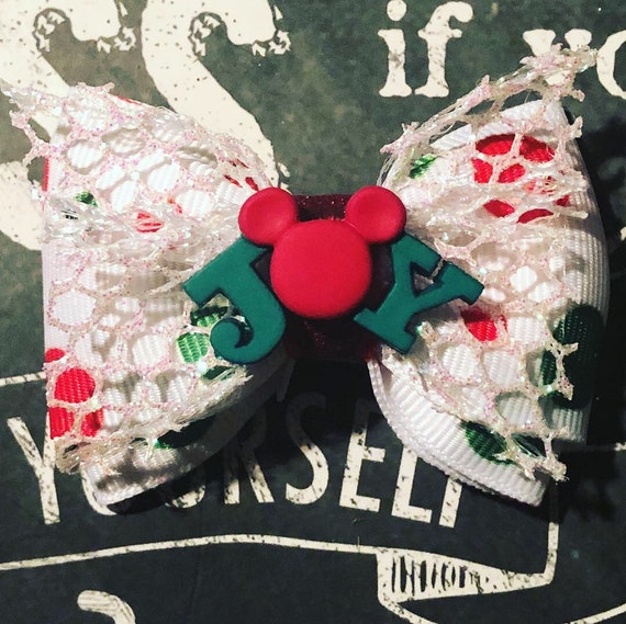 2" Christmas Joy Polka Dot Mickey Mouse Mini Bow- Dog Bows - Bows for Dogs - Christmas Bows - Hair Bows for Dogs - Mickey Mouse Bows