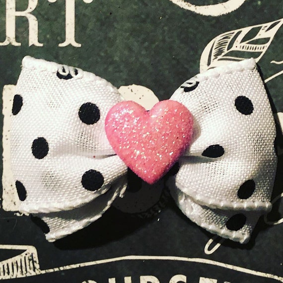 2" White and Black Polka Dot with Pink Heart Mini Bow - Dog Bows - Bows for Girls - Baby Bows - Polka Dots - Hearts