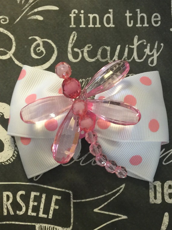 3 1/2" White with Pastel Pink Polka Dots and Beaded Dragonfly Bow