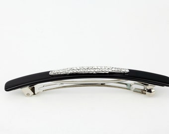 Slim hair Barrette, black hair barrette with sparkly clear rhinstones, black hair barrette with metal clip