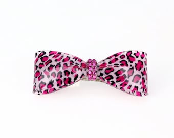 Pink leopard hair barrette, bow barrette embellished with swarovski elements crystals, hair barrette for ponytail