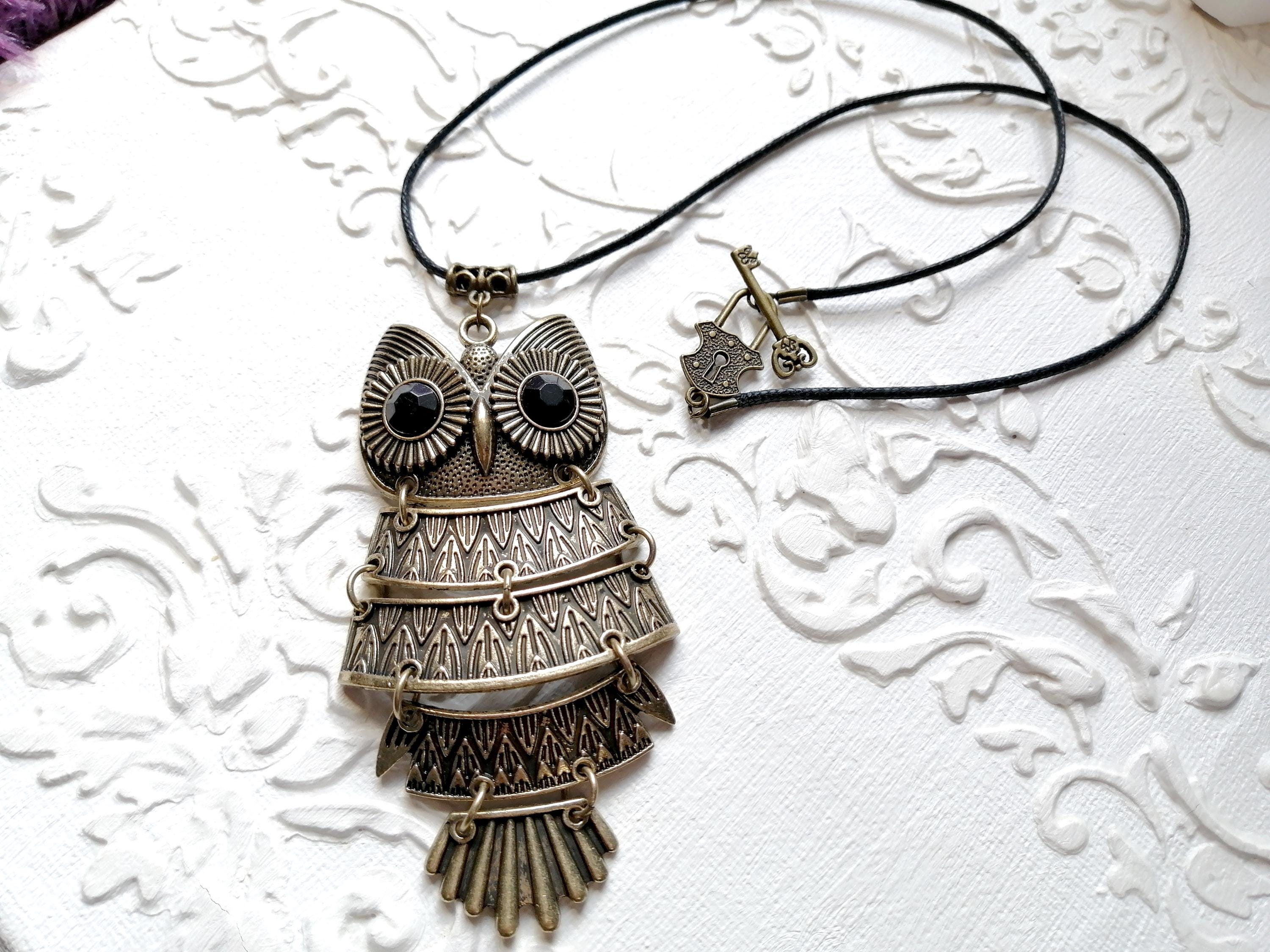 Collier Grand Pendentif Hibou, collier cordon en cotton cir&eacute;, Collier steampunk, Bijoux Victo
