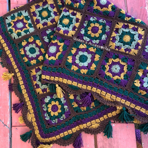Crochet Granny Square Blanket, Vintage Inspired, Country Decor