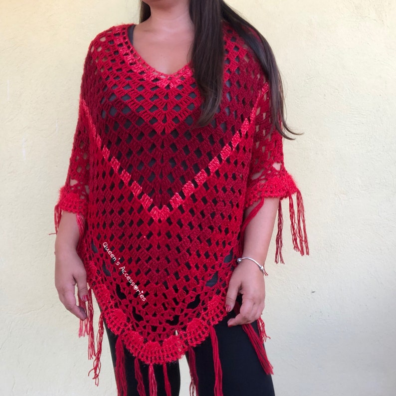 Fall Winter Fashion Accessories NEW Crochet Handmade Red Poncho with Tassels