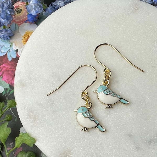 Cute Little Blue Bird Enamel Earrings