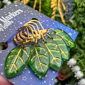 Green and Gold Acrylic Leaves Stitch Marker/Progress Keeper Set - 5 pcs