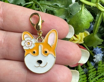 Orange and White Dog With A Flower Stitch Marker/Progress Keeper - 1 pc