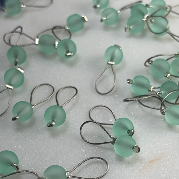 Frosted Mint Green and Silver Mini Glass Beaded Loop Handmade Luxury Stitch Marker Set - 5-10 pcs