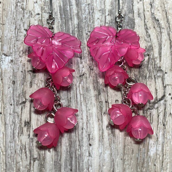 Dark Pink Monochrome Lily Of The Valley-Inspired Floral Dangle Earrings