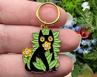 Black Cat With Flowers Stitch Marker/Progress Keeper - 1 pc