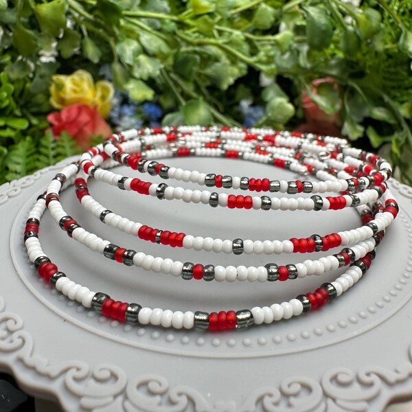 Red, White, and Dark Silver Seed Bead Memory Wire Stacking Bracelet Set - 5 pcs OOAK