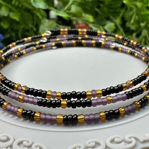 Purple, Black, and Gold Seed Bead Memory Wire Stacking Bracelet Set - 3 pcs OOAK
