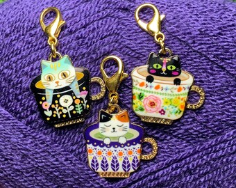 Teacup Cat Trio Stitch Marker/Progress Keeper - 3 pcs