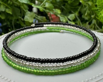 Green, Black, and Silver Seed Bead Memory Wire Stacking Bracelet - 1 pc OOAK