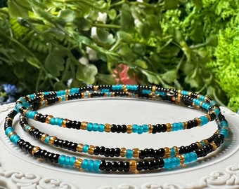 Blue, Black, and Gold Seed Bead Memory Wire Stacking Bracelet Set - 3 pcs OOAK