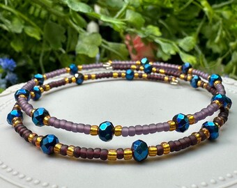 Purple, Blue, and Gold Seed Bead Memory Wire Stacking Bracelet Set - 2 pcs OOAK