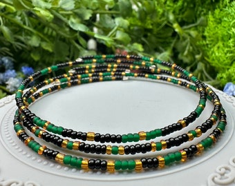 Green, Black, and Gold Seed Bead Memory Wire Stacking Bracelet Set - 3 pcs OOAK