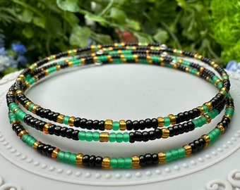 Green, Black, and Gold Seed Bead Memory Wire Stacking Bracelet Set - 3 pcs OOAK