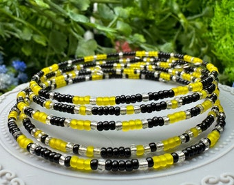 Yellow, Black, and Silver Seed Bead Memory Wire Stacking Bracelet Set - 5 pcs OOAK