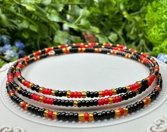 Red, Black, and Gold Seed Bead Memory Wire Stacking Bracelet Set - 3 pcs OOAK