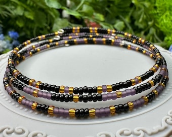 Purple, Black, and Gold Seed Bead Memory Wire Stacking Bracelet Set - 3 pcs OOAK