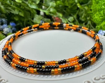 Orange, Black, and Gold Seed Bead Memory Wire Stacking Bracelet Set - 3 pcs OOAK