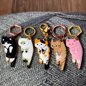 May include: Six gold cat-shaped charms with different coloured fur and patterns. The charms are attached to key rings with different shapes, including a hexagon, a circle and a heart.