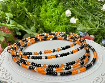 Orange, Black, and Silver Seed Bead Memory Wire Stacking Bracelet Set - 5 pcs OOAK