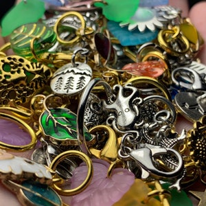 May include: A collection of colorful charms and pendants, including a green leaf, a silver octopus, a gold mountain range, and a pink flower. The charms are made of metal and glass and are perfect for adding a touch of personality to jewelry or crafts.