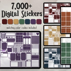 May include: Digital sticker set with over 7,000 stickers. The image shows various digital sticker designs in shades of purple, brown, green, and blue. The text includes "7,000+ Digital Stickers" and "matching colour codes included."