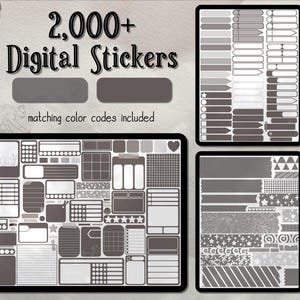 May include: A digital sticker pack with over 2,000 gray and white stickers. The stickers include various shapes, sizes, and designs, including stars, hearts, and geometric patterns. The text "2,000+ Digital Stickers" is displayed at the top of the image.