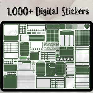 May include: Digital sticker set with over 1,000 stickers in various shapes and sizes, in shades of green and white. The stickers are arranged on a black background. The text "1,000+ Digital Stickers" is displayed at the top.