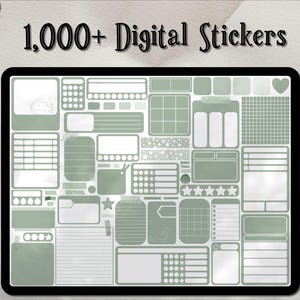 May include: A digital sticker sheet with over 1,000 stickers in a green and white color scheme. The stickers include various shapes, sizes, and designs, such as stars, hearts, circles, and squares. The stickers are perfect for adding a touch of personality to planners, journals, and other paper goods.