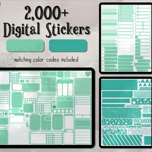 May include: A digital sticker pack with over 2,000 stickers in a teal and white color scheme. The stickers include various shapes, sizes, and designs, including stars, stripes, and geometric patterns. The text "2,000+ Digital Stickers" is displayed at the top of the image.