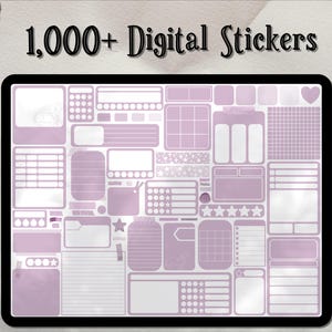 Könnte beinhalten: Ein digitales Stickerblatt mit über 1.000 Stickern in einem hellvioletten Farbschema. Die Sticker umfassen verschiedene Formen, Größen und Designs, wie z. B. Kästchen, Kreise, Sterne und Linien.